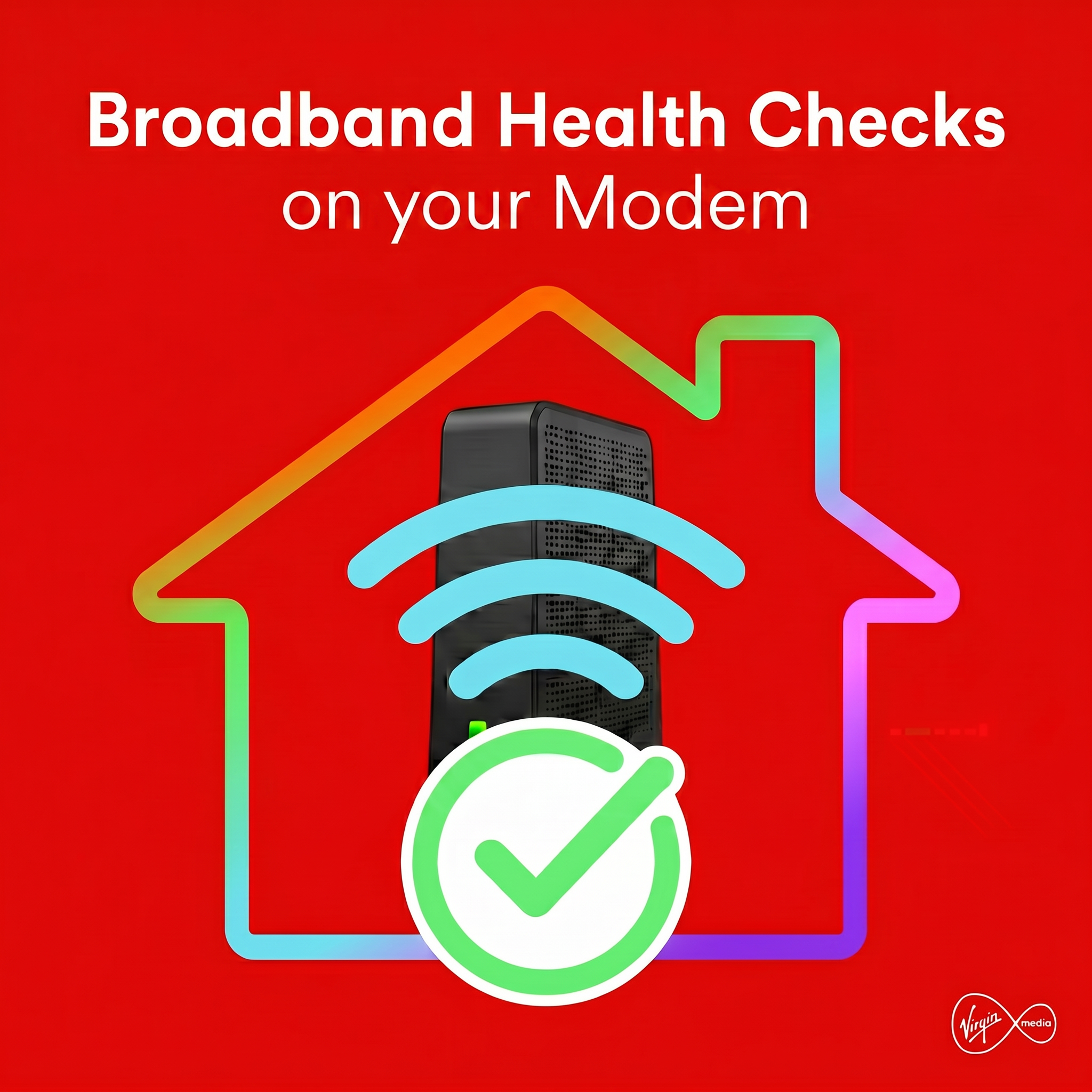 Multicoloured outline of a house with a modem and wifi symbol inside and a green tick covering it